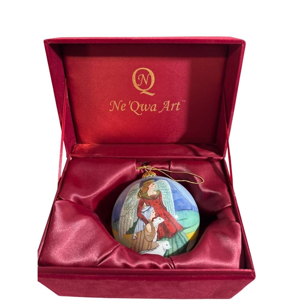 Ne Qwa Art Christmas Ornament Glass Hand Painted Angel Shepherd Red Velvet Box